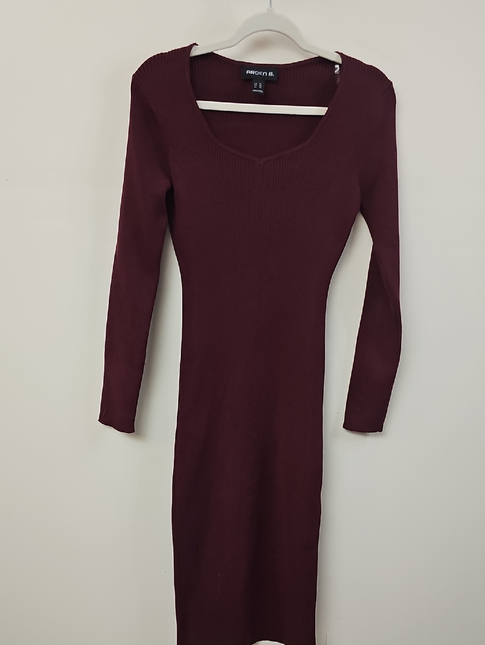 Arden B Dress XL Wine Burgundy Ribbed Bodycon Long Sleeve Knit Midi Sweetheart